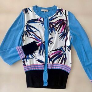 Emilio Pucci Blue Leaf Print Silk Cotton Cardigan